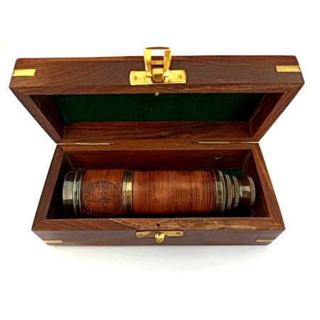 Handcrafted Brass Telescope Wooden Box Leather Grip